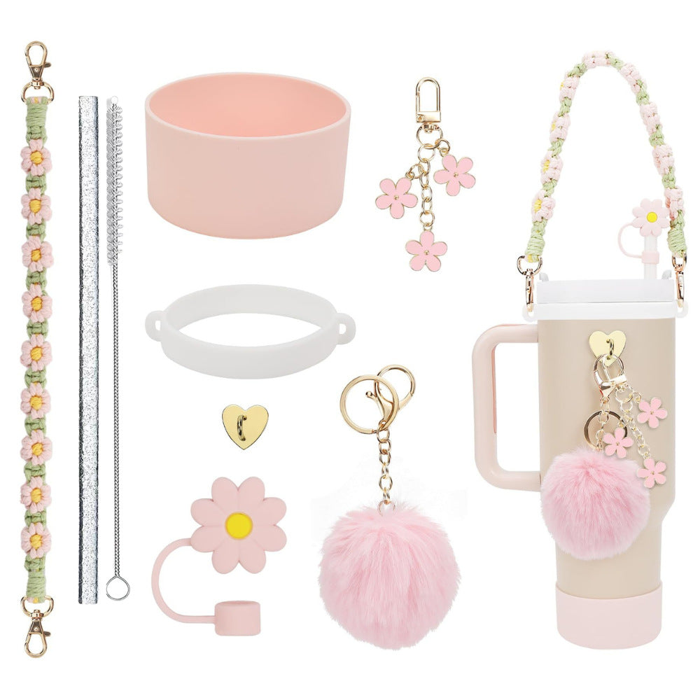 Wholesale Colorful straw accessories handmade cup chain plush love flower set